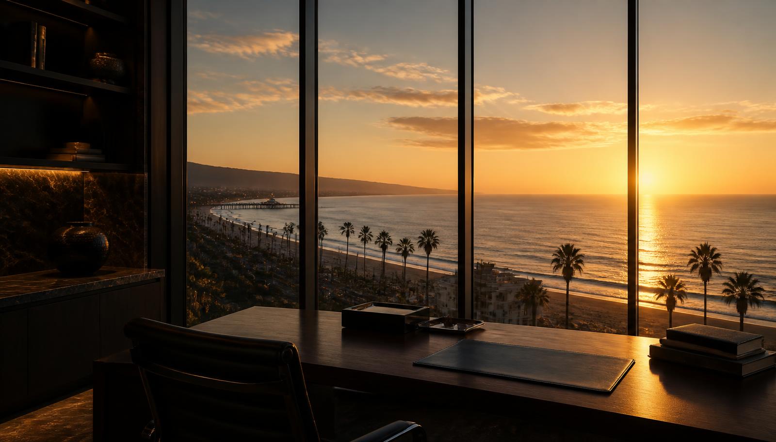 The John Scott Real Estate office in Santa Monica, looking west over the bay at golden hour